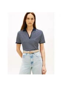 Poloshirt Tommy Hilfiger "LYOCELL PIQUE OPEN-NK SS POLO", Damen, Gr. XL (46), small brt stp schwarz night, ecru, Single Jersey, Obermaterial: 65% Lyocell, 32% Baumwolle, 3% Elasthan, gestreift, gerade normal, V-Ausschnitt, Shirts, mit kleinem Logo-Stick