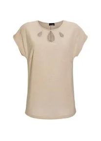 Kurzarmshirt GOLDNER "Elegantes Shirt mit feinen Glanzgarnen", Damen, Gr. 44, beige (sand), Obermaterial: 45% Polyester PES. 25% Viskose CV. 25% metallisierte Fasern MTF. 5% Elasthan EL., figurumspielend, Sonstiges, Shirts, mit kleinen Cutouts am Ausschnitt