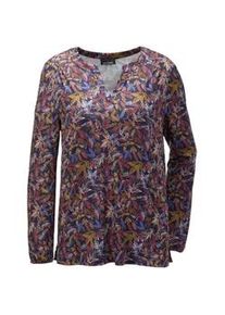 Kurzarmbluse GOLDNER "Kurzgr&ouml;&szlig;e Elegantes Blusenshirt mit V-Ausschnitt", Damen, Gr. 24, blau (marine, gemustert), Obermaterial: 95% Polyester PES. 5% Elasthan EL., Gummib&uuml;ndchen, Blusen, Schulterpasse mit Kr&auml;uselung