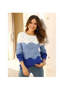 Ajourpullover Classic Basics "Rundhals-Pullover", Damen, Gr. 56, royalblau, ecru, gemustert, 100% Baumwolle, gemustert, gestreift, mehrfarbig, Pullover