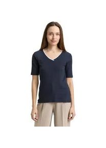 T-Shirt Tom Tailor, Damen, Gr. L, sky captain blau, Single Jersey, Obermaterial: 97% Baumwolle, 3% Elasthan, unifarben, regular fit normal, V-Ausschnitt, gerader Abschluss, Shirts T-Shirt, mit Kontrast Detail