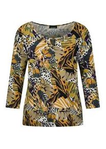 Print-Shirt GOLDNER "Kurzgr&ouml;&szlig;e Viskosebluse mit Allover-Leo-Druck", Damen, Gr. 22, gelb (honig, gemustert), Obermaterial: 95% Viskose CV. 5% Elasthan EL., Modisch, Shirts, raffinierte Ausschnittl&ouml;sung