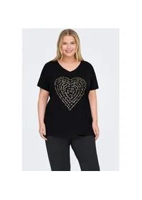 Kurzarmshirt Only CARMAKOMA "CARLYDIA LIFE SS V-NECK REG TEE JRS", Damen, Gr. M, schwarz print:heart, Jersey, Obermaterial: 100% Baumwolle, bedruckt, regular fit, V-Ausschnitt, Shirts
