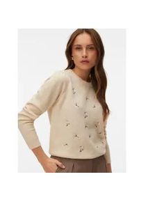V&eacute;ro Moda Wollpullover VERO MODA "VMFIORELLA EMB LS O-NECK SHORT PULL BOO", Damen, Gr. M, birch detail:solid with embroidery, Strick, Obermaterial: 79% Polyester, 13% Polyacryl, 5% Wolle, 3% Elasthan, bestickt, unifarben, regular fit normal, Rundhals, Strickb&uuml;ndchen, Pullover, mit Blumenstickerei