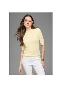 Kurzarmpullover Bruno Banani, Damen, Gr. 36/38, hellgelb, meliert, Feinstrick, Obermaterial: 70% Viskose, 30% Polyamid, unifarben, figurbetont h&uuml;ftlang, hoch geschlossener Ausschnitt, Rippb&uuml;ndchen, Pullover, mit Glitzerkn&ouml;pfen, Trendfarbe - Butter Yellow