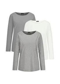 Kurzarmshirt GOLDNER "Kurzgr&ouml;&szlig;e Langarm 3er-Baumwollshirt-Set", Damen, Gr. 19, grau (grau, cremewei&szlig;, grau, geringelt), Obermaterial: 95% Baumwolle CO. 5% Elasthan EL., Modisch, Shirts, U-Boot-Ausschnitt