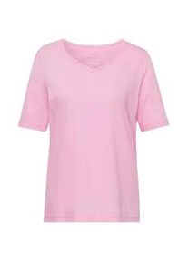 Langarm-Poloshirt GOLDNER "Halbarm Basic-Shirt aus Baumwolle", Damen, Gr. 40, rosa (geranie), Obermaterial: 95% Baumwolle CO. 5% Elasthan EL., Tubular, Shirts, Ausschnitt in Herzform mit Schmucksteinen verziert