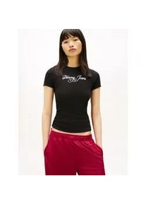 Tommy Hilfiger Kurzarmshirt TOMMY JEANS "TJW SLIM ESS LOGO 1 RIB TEE EXT", Damen, Gr. S (36), schwarz, Single Jersey, Obermaterial: 95% Baumwolle, 5% Elasthan, bedruckt, figurbetont, Rundhals, Shirts, in gerippter Struktur