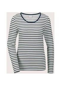 Madeleine Mode Langarmshirt MADELEINE "Ringelshirt Kurzes Rundhals-Shirt", Damen, Gr. 34, wei&szlig; (wollwei&szlig;, marine), Obermaterial: 95% Viskose CV. 5% Elasthan EL., Modern, normal, Shirts Langarmshirt