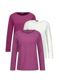 Kurzarmshirt GOLDNER "Kurzgr&ouml;&szlig;e Langarm 3er-Baumwollshirt-Set", Damen, Gr. 23, pink (beere, cremewei&szlig;, beere, geringelt), Obermaterial: 95% Baumwolle CO. 5% Elasthan EL., Modisch, Shirts, U-Boot-Ausschnitt