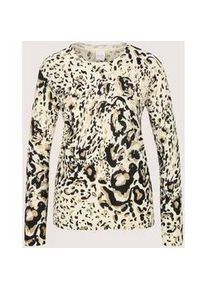 Madeleine Mode Longpullover MADELEINE "Feinstrickpullover Wollpullover mit Animal-Print", Damen, Gr. 36/38, wei&szlig; (wollwei&szlig;, cappuccino, schwarz), Obermaterial: 90% Schurwolle WV. 10% Kaschmir WS., Modern, gerade, Pullover Longpullover, Individueller Print