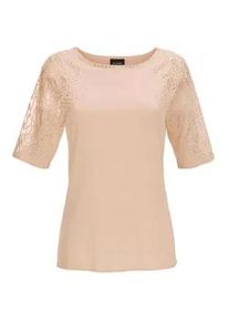 Rundhalspullover GOLDNER "Kurzgr&ouml;&szlig;e Pullover mit Spitze, Glanzsteinen", Damen, Gr. 24, orange (hellmelba), Obermaterial: 65% Viskose CV. 35% Polyamid PA., Tubular, Pullover Rundhalspullover, mit Glitzersteinen und Spitze