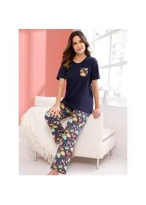 Schlafanzug, Damen, Gr. 48/50, marine, bedruckt, 100% Baumwolle, Homewear-Sets Schlafanzug
