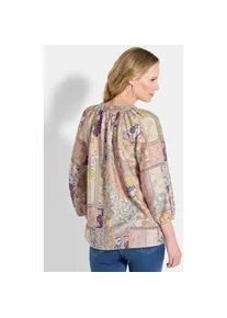 Schlupfbluse GOLDNER "Luftige Patch-Druck-Bluse mit 3/4-Arm", Damen, Gr. 46, beige (stein, gemustert), Obermaterial: 90% Viskose CV. 10% Polyamid PA., figurumspielend, Blusen Schlupfbluse, Bindeb&auml;ndchen