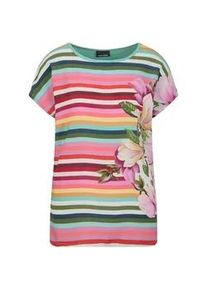Schlupfbluse GOLDNER "Kurzgr&ouml;&szlig;e Streifenshirt mit floralen Akzenten", Damen, Gr. 24, bunt (bunt, geringelt), Obermaterial: 100% Viskose CV., figurumspielend, Blusen Schlupfbluse, R&uuml;ckteil aus stretchbequemen Viskosejersey