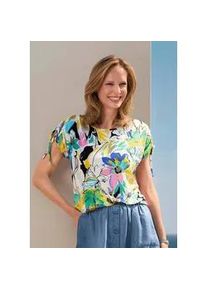 Print-Shirt GOLDNER "Kurzgr&ouml;&szlig;e Jerseyshirt mit floralem Design", Damen, Gr. 24, bunt (bunt, gemustert), Obermaterial: 95% Viskose CV. 5% Elasthan EL., gerade, Shirts, Kordelzug an den Schultern