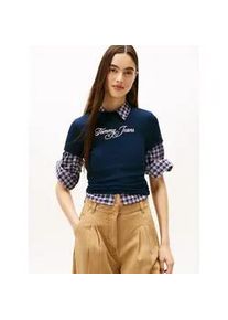 Tommy Hilfiger Kurzarmshirt TOMMY JEANS "TJW SLIM ESS LOGO 1 RIB TEE EXT", Damen, Gr. M (38), schwarz night navy, Single Jersey, Obermaterial: 95% Baumwolle, 5% Elasthan, bedruckt, figurbetont, Rundhals, Shirts, in gerippter Struktur