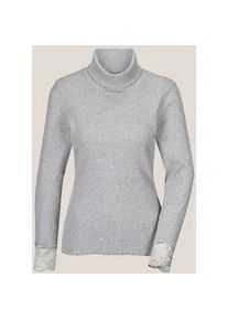 Madeleine Mode Langarmshirt MADELEINE "Rollkragenshirt Elegantes Basicshirt mit Spitze, Rollkragen", Damen, Gr. 40, grau (graumelange), Obermaterial: 74% Wolle mw. 10% Polyester PES. 9% Kaschmir WS. 2% diverse Faserarten dF. 2% Polyamid PA., Modern, normal, Shirts Langarmshirt, Spitzenbesatz am &Auml;rmelabschluss