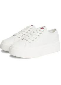 Tommy Hilfiger Plateausneaker TOMMY JEANS "TJW FLATFORM SNEAKER LTR", Damen, Gr. 37, ecru, Leder, Lederimitat, unifarben, Schuhe Plateausneaker, Halbschuh, Schn&uuml;rschuh, Freizeitschuh mit Logoflag