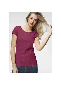 T-Shirt Ragwear "FLORAH A ORGANIC O", Damen, Gr. XS (34), raspberry 4051, Single Jersey, Obermaterial: 70% Baumwolle, 30% Polyester, bedruckt, gemustert, kontrastfarbene Details, mehrfarbig, figurbetont normal, Rundhals, Shirts T-Shirt, mit maritimen Anker-Allover-Druck