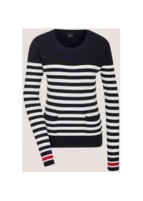 Madeleine Mode Longpullover MADELEINE "Streifenpullover Feinstrickpullover mit Streifenmuster", Damen, Gr. 34, blau (marine, wollwei&szlig;, rot), Obermaterial: 90% Viskose CV. 10% Polyamid PA., Modern, figurbetont, Pullover Longpullover, Akzente an &Auml;rmels&auml;umen