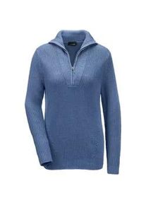 Strickpullover GOLDNER "Kurzgr&ouml;&szlig;e Sportiver Troyer mit Baumwollanteil", Damen, Gr. 25, blau (schieferblau, melange), Obermaterial: 50% Baumwolle CO. 50% Polyacryl PAN., Rippe, Pullover Strickpullover, Ohne