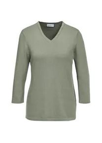 Rundhalspullover GOLDNER "Pullover in hochwertiger Qualit&auml;t", Damen, Gr. 44, gr&uuml;n (baummoos), Obermaterial: 100% Baumwolle CO., normales B&uuml;ndchen, Pullover Rundhalspullover, Glitzersteine am V-Ausschnitt