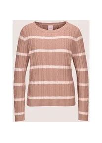 Madeleine Mode Longpullover MADELEINE "Strickpullover Moderner Baumwollpullover mit Zopfmuster und Ringel-Design", Damen, Gr. 34, wei&szlig; (blassrosa, wollwei&szlig;), Obermaterial: 100% Baumwolle CO., Modern, Pullover Longpullover, Kontraststreifen