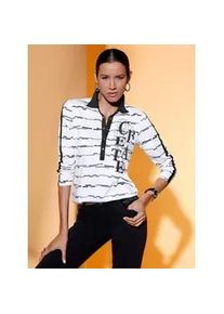 CR&Eacute;ATION L Langarmshirt CREATION L "Poloshirt", Damen, Gr. 48, wei&szlig;, schwarz, geringelt, 50% Baumwolle, 50% Modal, gemustert, gestreift, Shirts Langarmshirt