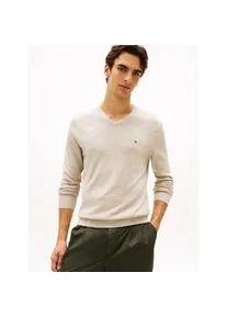 Strickpullover Tommy Hilfiger "ESSENTIAL COTTON V NECK mit V-Ausschnitt und Stickerei", Herren, Gr. L, sandalwood heather, Strick, Obermaterial: 100% Baumwolle, V-Ausschnitt, Rippb&uuml;ndchen, Pullover Strickpullover, unifarben, casual, regular fit, Baumwolle, V-Ausschnitt