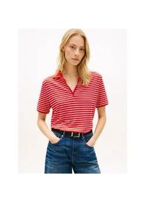 Poloshirt Tommy Hilfiger "LYOCELL PIQUE OPEN-NK SS POLO", Damen, Gr. M (40), small brt stp fireworks, calico, Single Jersey, Obermaterial: 65% Lyocell, 32% Baumwolle, 3% Elasthan, gestreift, gerade normal, V-Ausschnitt, Shirts, mit kleinem Logo-Stick
