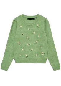 V&eacute;ro Moda Wollpullover VERO MODA "VMFIORELLA EMB LS O-NECK SHORT PULL BOO", Damen, Gr. XS, mistletoe detail:melange with embro as sample, Strick, Obermaterial: 79% Polyester, 13% Polyacryl, 5% Wolle, 3% Elasthan, bestickt, meliert, regular fit normal, Rundhals, Strickb&uuml;ndchen, Pullover, mit Blumenstickerei