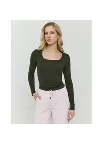 Langarmshirt Tally Weijl "STSCOORLA", Damen, Gr. L, deep khaki, Jersey, Obermaterial: 100% Baumwolle, unifarben, figurbetont taillenbedeckt, tiefer Rundhals, Shirts Langarmshirt, Baumwollmischung, figurbetont