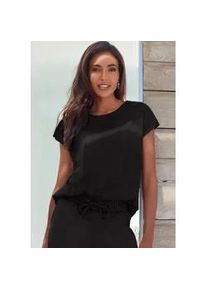 T-Shirt French Connection, Damen, Gr. 40/42, schwarz, Samt, Obermaterial: 92% Polyester, 8% Elasthan, unifarben, bequem h&uuml;ftlang, Rundhals, Shirts T-Shirt, aus Veloursleder-Imitat mit kleiner Stickerei, Loungewear