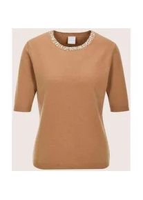 Madeleine Mode Longpullover MADELEINE "Kaschmirpullover Feinstrickpullover mit Schmucksteinen", Damen, Gr. 34, braun (nougatbraun), Obermaterial: 100% Kaschmir WS., Modern, gerade, Pullover Longpullover, Zarte Schmucksteine