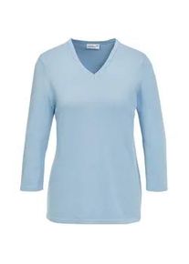 Rundhalspullover GOLDNER "Pullover in hochwertiger Qualit&auml;t", Damen, Gr. 46, blau (himmelblau), Obermaterial: 100% Baumwolle CO., normales B&uuml;ndchen, Pullover Rundhalspullover, Glitzersteine am V-Ausschnitt