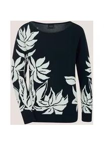 Madeleine Mode Longpullover MADELEINE "Feinstrickpullover Jacquardpullover mit floralem Muster", Damen, Gr. 48, blau (marine, wollwei&szlig;), Obermaterial: 50% Baumwolle CO. 50% Polyacryl PAN., Modern, gerade, Pullover Longpullover, Jacquardmuster