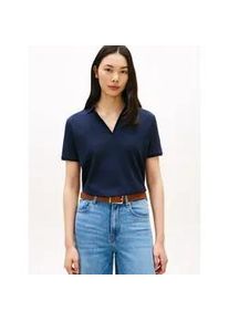 Poloshirt Tommy Hilfiger "LYOCELL PIQUE OPEN-NK SS POLO", Damen, Gr. S (36/38), schwarz night navy, Single Jersey, Obermaterial: 65% Lyocell, 32% Baumwolle, 3% Elasthan, unifarben, gerade normal, V-Ausschnitt, Shirts, mit kleinem Logo-Stick