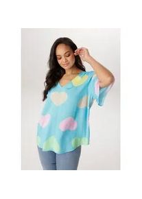 Schlupfbluse ANISTON PLUS, Damen, Gr. 52, t&uuml;rkis, beige, gr&uuml;n, gelb, rose, Web, Obermaterial: 100% Viskose, bedruckt, gemustert, figurumspielend taillenbedeckt, V-Ausschnitt, weit, Blusen Schlupfbluse, mit farbigen Herzen bedruckt- jedes Teil ein Unikat - NEUE KOLLEKTION