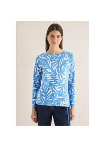 Langarmshirt Cecil, Damen, Gr. L (42), fountain blau, Web, 100% Baumwolle, gemustert, comfort fit normal, U-Boot-Ausschnitt, abgesteppt, Shirts Langarmshirt, aus reiner Baumwolle