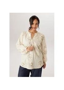 Schlupfbluse ANISTON PLUS, Damen, Gr. 50, beige (natur, braun), Web, Obermaterial: 100% Baumwolle, bestickt, figurumspielend Po-bedeckend, V-Ausschnitt, mit Gummizug, Blusen Schlupfbluse, mit sch&ouml;ner toniger Stickerei - NEUE KOLLEKTION