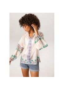 Schlupfbluse Aniston CASUAL, Damen, Gr. 42, wollwei&szlig;, smaragdgr&uuml;n, jeansblau, braun, sand, hellblau, dunkelbraun, schwarz, Web, Obermaterial: 85% Lyocell, 15% Polyester, bedruckt, gemustert, leicht transparent, l&auml;ssig geschnitten h&uuml;ftlang, V-Ausschnitt, Raglan&auml;rmel elastischer Bund mit Gummizug, Blusen Schlupfbluse, mit Bord&uuml;ren und gro&szlig;em Mandala-Druck im R&uuml;cken - NEUE KOLLEKTION