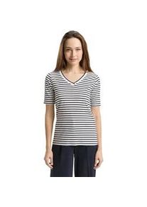 T-Shirt Tom Tailor, Damen, Gr. L, sanftes wei&szlig; navy blau stripe, Single Jersey, Obermaterial: 97% Baumwolle, 3% Elasthan, gestreift, regular fit normal, V-Ausschnitt, gerader Abschluss, Shirts T-Shirt, mit Kontrast Detail