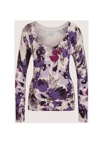 Madeleine Mode Longpullover MADELEINE "Pullover Feinstrick-Pullover mit Unikat-Print", Damen, Gr. 44/46, grau (grau, kristalllila, multicolor), Obermaterial: 82% Viskose CV. 12% Polyamid PA. 6% Elasthan EL., Modern, normal, Pullover Longpullover