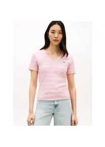 T-Shirt Tommy Hilfiger "CODY, Slim Fit", Damen, Gr. M (40), fine stp bon. pink, ecru, Jersey, Obermaterial: 100% Baumwolle, gestreift, schmal normal, tiefer V-Ausschnitt, abgesteppt, Shirts T-Shirt, Baumwolle, slim fit