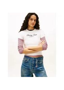 Tommy Hilfiger Kurzarmshirt TOMMY JEANS "TJW SLIM ESS LOGO 1 RIB TEE EXT", Damen, Gr. S (36), ecru, Single Jersey, Obermaterial: 95% Baumwolle, 5% Elasthan, bedruckt, figurbetont, Rundhals, Shirts, in gerippter Struktur