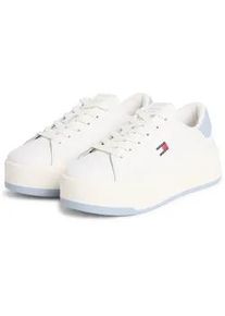 Tommy Hilfiger Plateausneaker TOMMY JEANS "PLATFORM LOGO SNEAKER", Damen, Gr. 39, ecru, hellblau, Leder, Lederimitat, unifarben mit Farbeinsatz, Schuhe Plateausneaker, Schn&uuml;rschuh, Halbschuh, Freizeitschuh mit seitlicher Logoflag