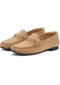 Loafer Tommy Hilfiger "TH CHAIN SUEDE LOAFER", Damen, Gr. 36, safari, Veloursleder, unifarben, Basic, Schuhe Loafer, Slipper, Businessschuh, Schlupfschuh mit goldfarbener Zierkette
