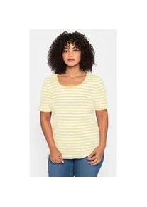 Kurzarmshirt sheego "T-Shirt", Damen, Gr. 48/50, zitrone, wei&szlig;, 100% Baumwolle, gemustert, gestreift, mehrfarbig, Rundhals, Shirts