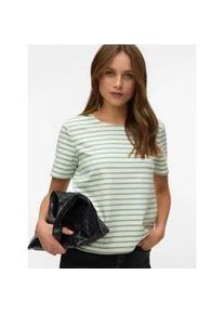V&eacute;ro Moda Rundhalsshirt VERO MODA "VMABBY SS ZIP TOP JRS NOOS", Damen, Gr. M, snow wei&szlig; stripes:mistletoe, Jersey, Obermaterial: 77% Polyester, 19% Viskose, 4% Elasthan, gestreift, normal, Rundhals, Shirts Rundhalsshirt, Materialmix, regular fit